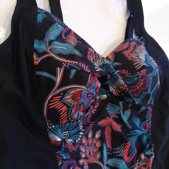 KRISTA One Piece Swimsuit Tropical Floral Panel Solid Black Tummy Control Modest - Picture 7 of 12